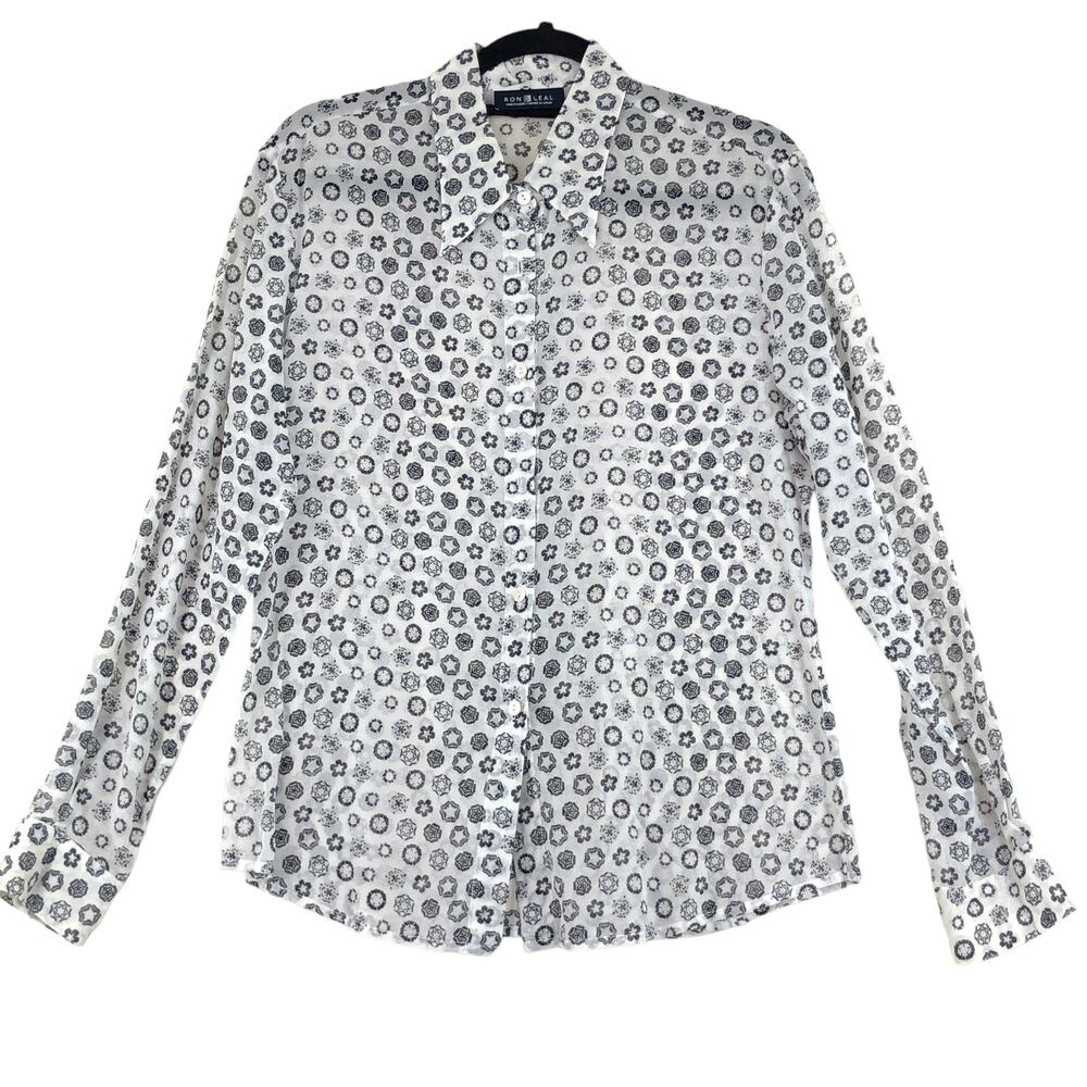 Ron Leal Womens Size 10 Button Front Shirt Medallion Print Semi Sheer Top